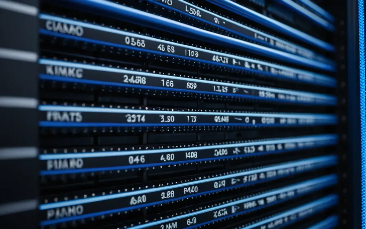 server infrastructure visualization Close-up view of a complex network of fiber optic cables bundled in a server rack with soft blue ambient lighting and shallow depth of field