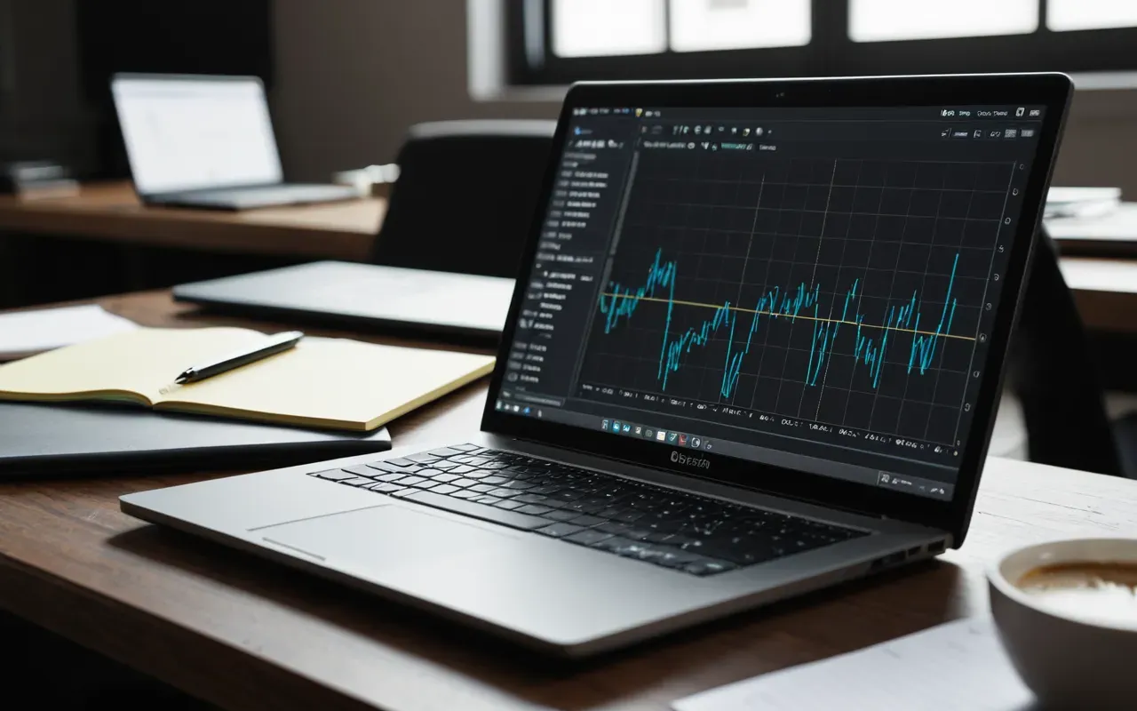 seo strategy meaning Close-up view of a modern workspace with a laptop showing abstract graph lines and a notebook filled with handwritten notes under soft desk lighting