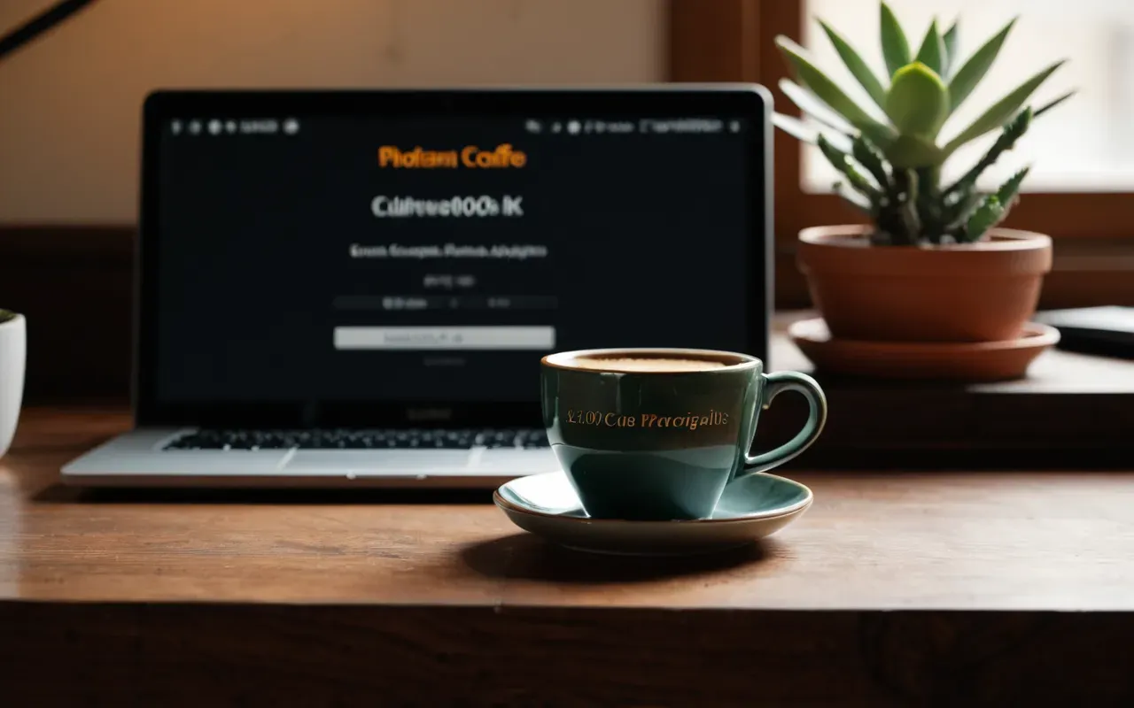 seo strategy meaning Editorial still life of a ceramic coffee cup on a wooden desk next to a closed laptop and a small potted succulent under warm ambient light