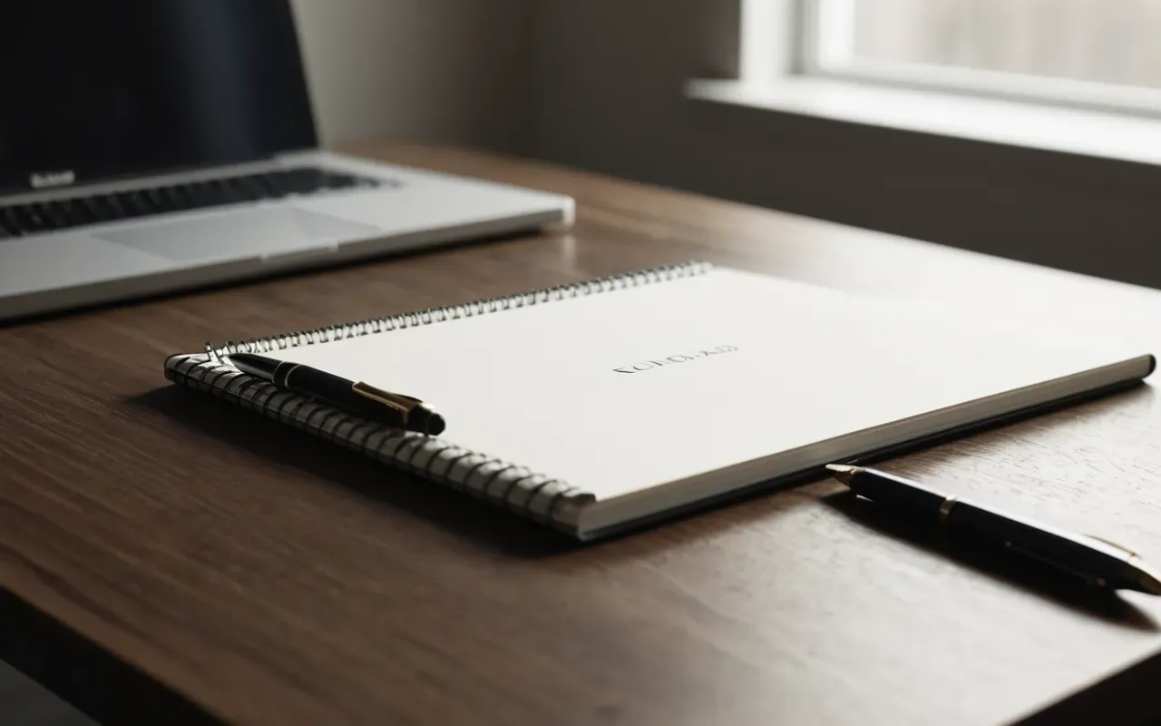 Editorial still life of a modern desk with a notebook and pen, soft natural light from the side, clean minimalist aesthetic, neutral tones, shallow depth of field