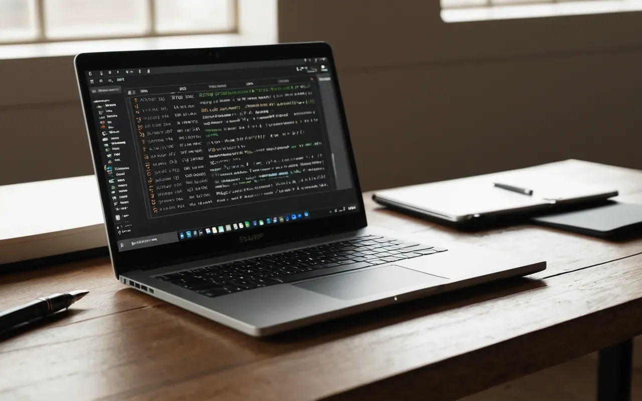 seo content planning tools Editorial still life of a modern laptop on a light wooden table next to a notebook and pen, soft diffused lighting highlighting the clean workspace aesthetic without any visible text or logos