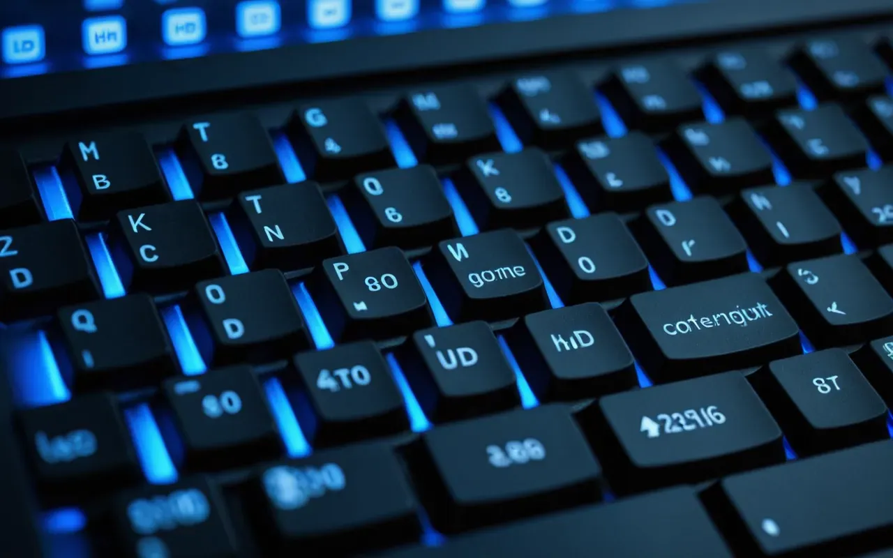 Macro shot of a computer keyboard with blurred background showing lines of code on a monitor screen, cool blue lighting, high contrast detail on the keys