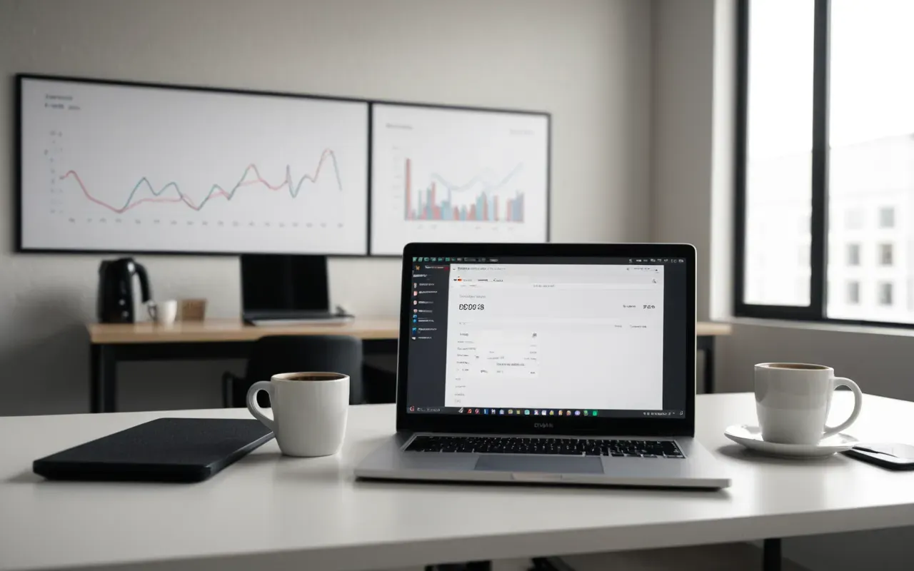 Minimalist desk setup with a laptop open showing abstract data graphs and a coffee cup nearby, clean modern office aesthetic with neutral tones