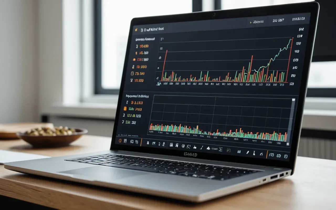 Modern dashboard interface on a laptop screen in a bright office setting, clean layout with charts and graphs visible, soft natural lighting, neutral color scheme, editorial photography style
