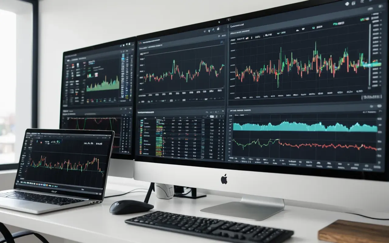 Modern digital marketing workspace with multiple monitor screens showing analytics data and project management tools organized in a grid layout on a clean white desk surface soft natural lighting from overhead fixtures contemporary tech office aesthetic