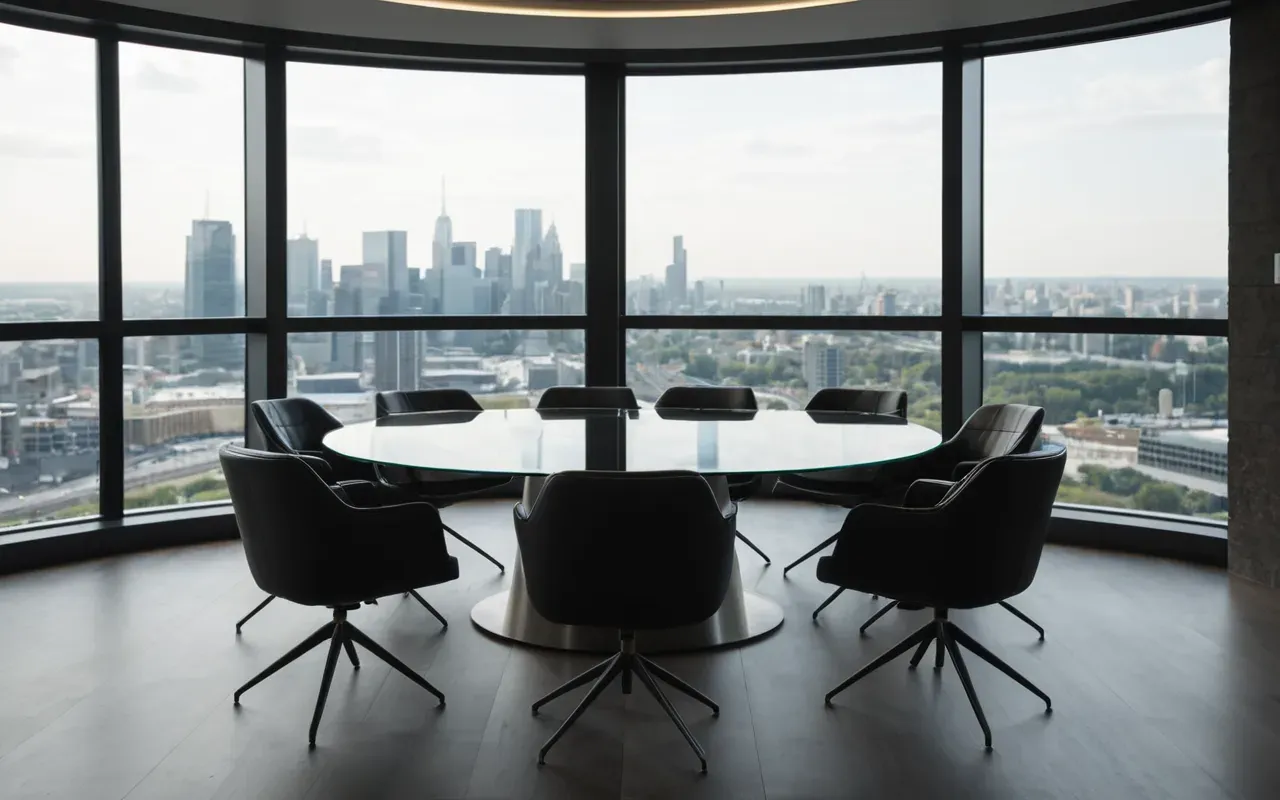 Modern meeting room with round glass table and ergonomic chairs, large windows showing blurred city skyline outside, soft ambient lighting creating a professional collaborative atmosphere without any people visible
