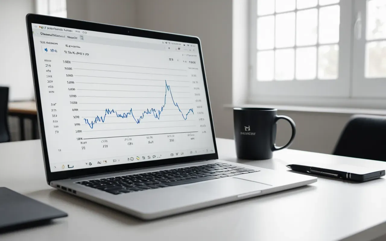 seo planning workspace scene Modern minimalist office desk with a laptop displaying abstract charts and a notebook with pen resting on clean white surface under soft natural window light