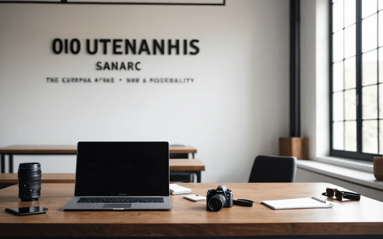 Modern minimalist office interior with a laptop open on a wooden desk, soft natural daylight from large windows, clean neutral tones, editorial photography style