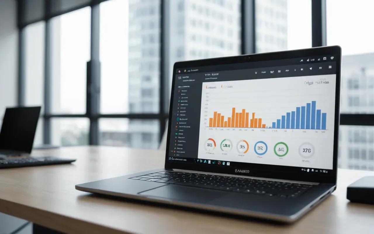 Modern minimalist office interior with a laptop open to an analytics dashboard showing upward trending graphs, soft natural daylight from large windows, clean neutral tones, editorial photography style