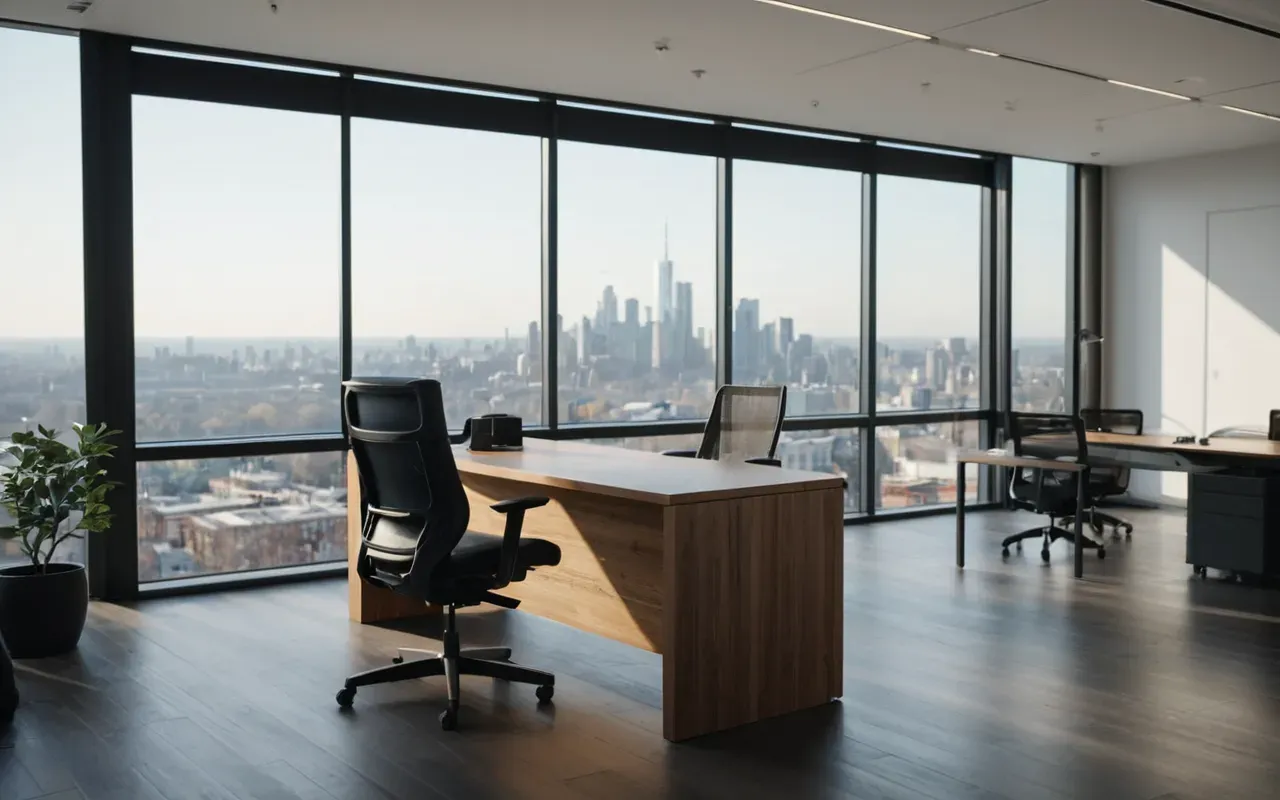 small business seo strategy Modern minimalist office interior with a large desk and ergonomic chair near floor-to-ceiling windows showing a blurred city skyline outside, soft afternoon sunlight creating long shadows on the polished concrete floor