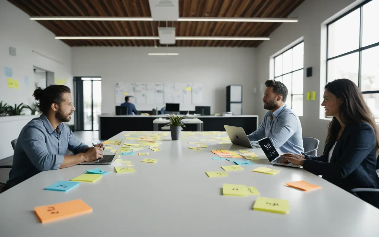 Modern minimalist office interior with two people collaborating at a large white table surrounded by sticky notes and digital tablets in soft natural light from floor-to-ceiling windows