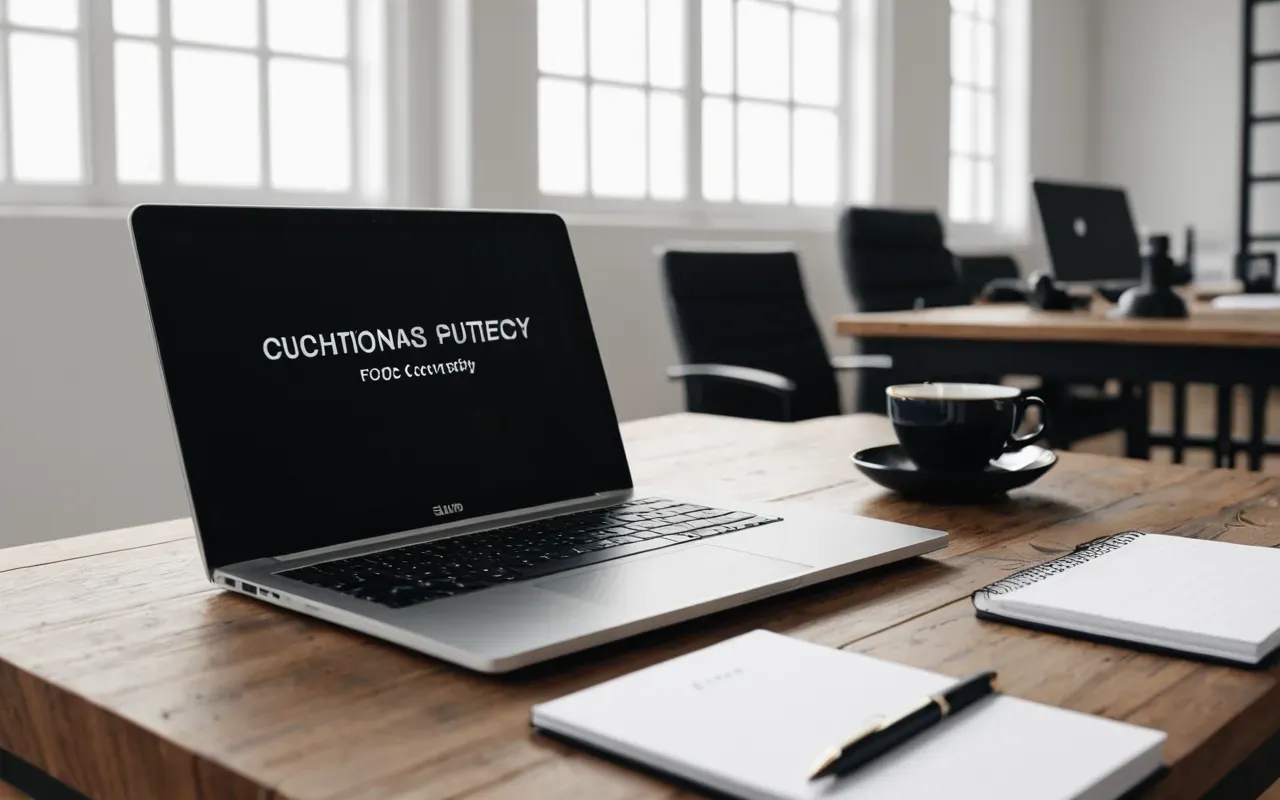 Modern minimalist workspace with a laptop open on a wooden desk beside a notebook and pen, soft natural light from the left side, clean editorial photography style