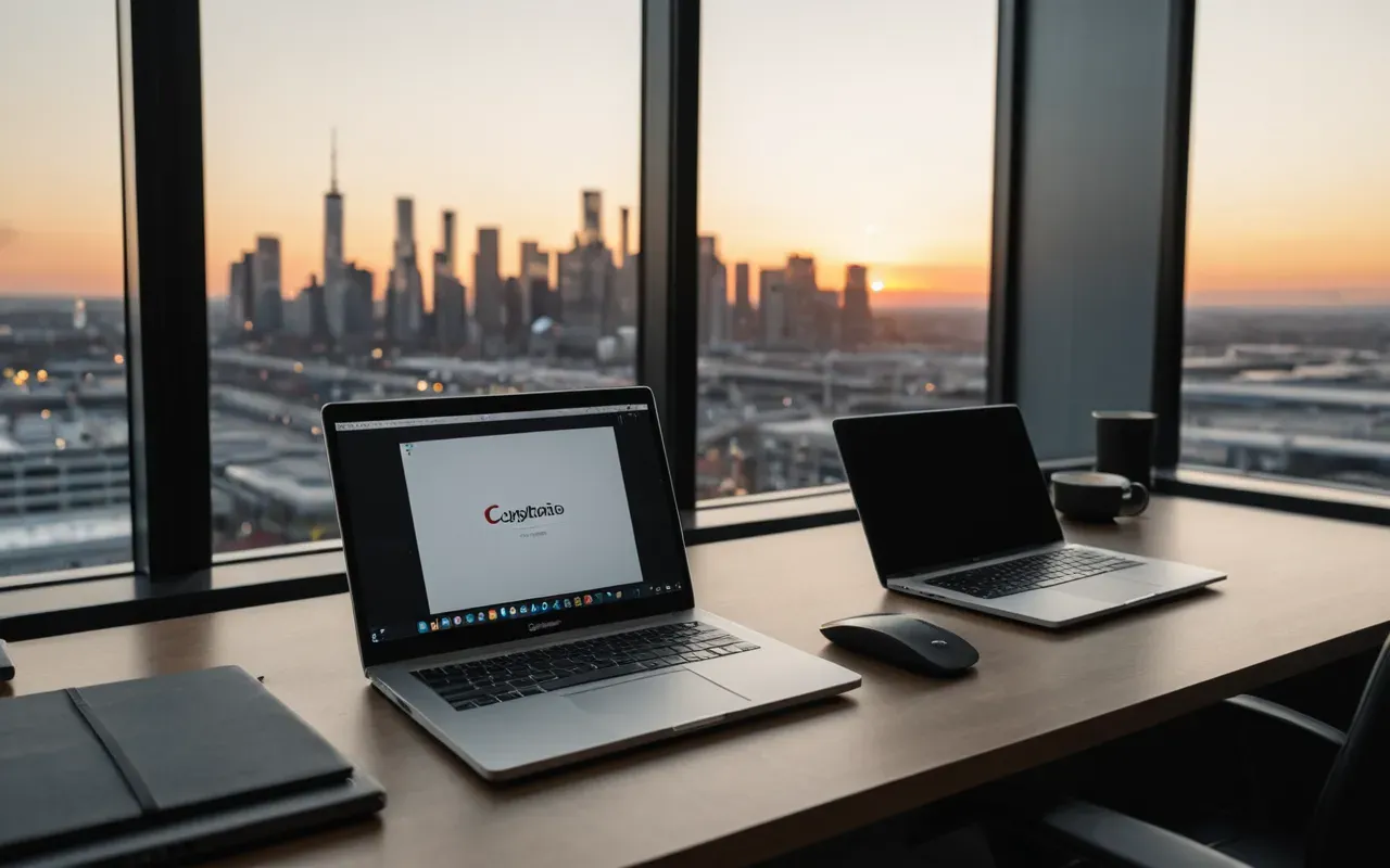 Modern office interior with a large floor-to-ceiling window showing a city skyline at dusk, sleek desk with laptop and notebook in foreground, warm ambient lighting