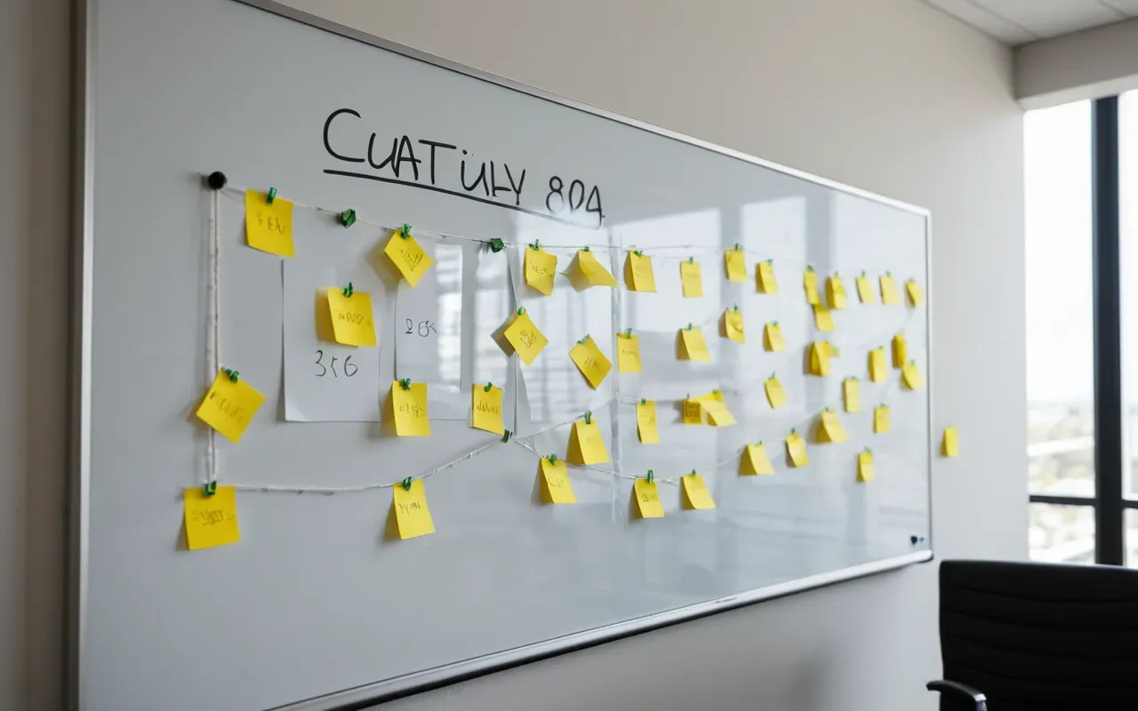 Modern office meeting room with a large whiteboard covered in sticky notes connected by strings, suggesting brainstorming and strategy planning, bright even lighting