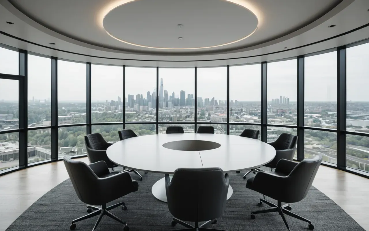 Modern office meeting room with a round glass table and ergonomic chairs in various neutral colors, large windows showing blurred city skyline outside, soft ambient lighting from ceiling fixtures, contemporary corporate interior design