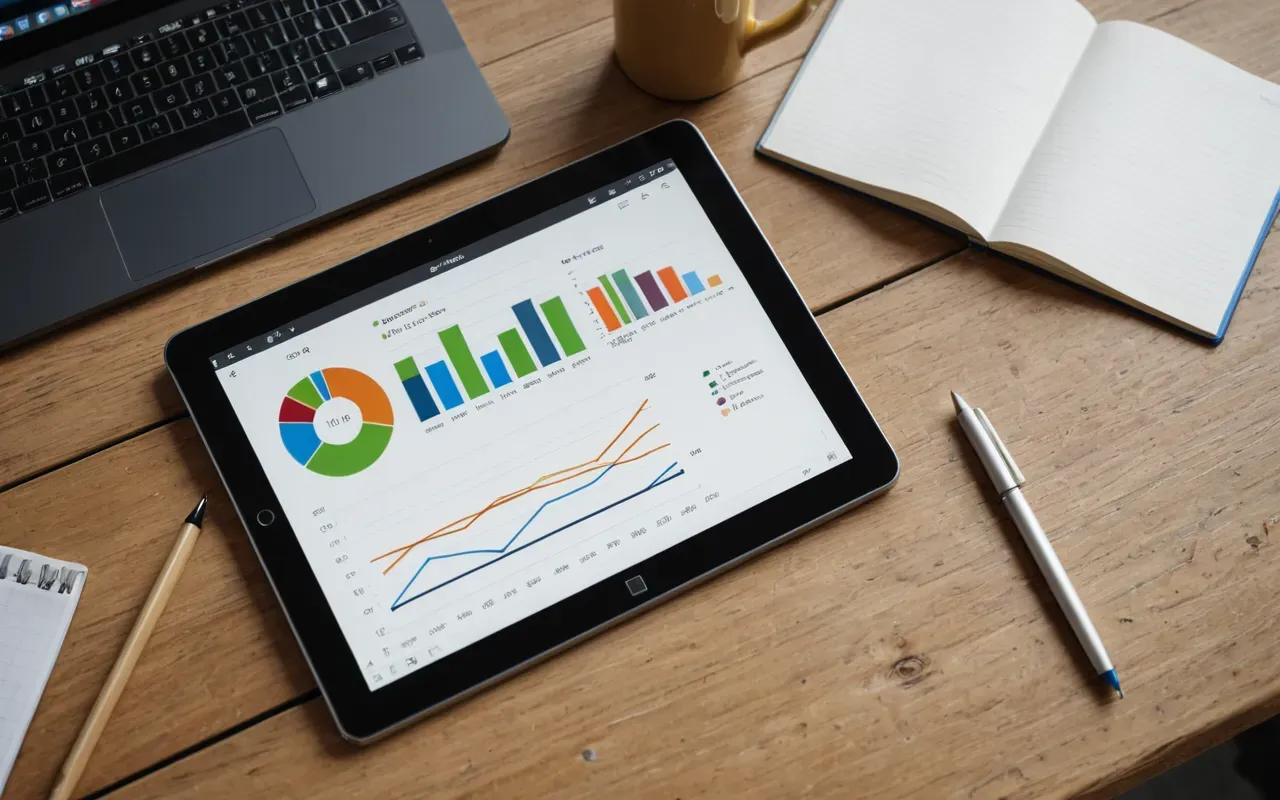 Overhead shot of a modern workspace with a tablet displaying colorful charts and graphs next to a notebook and pen on a light wooden surface with soft diffused daylight