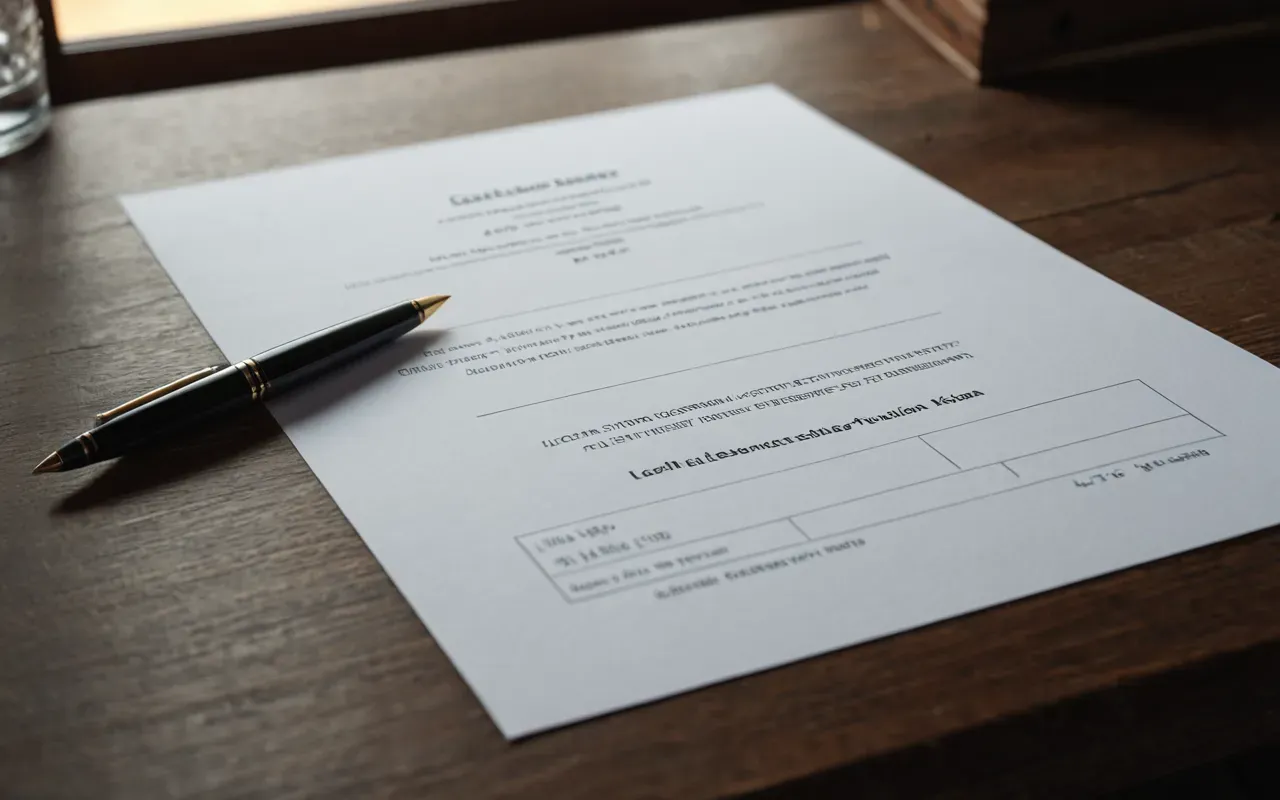 Overhead shot of a neat stack of paper documents and a pen on a wooden desk surface, soft shadow play from natural window light