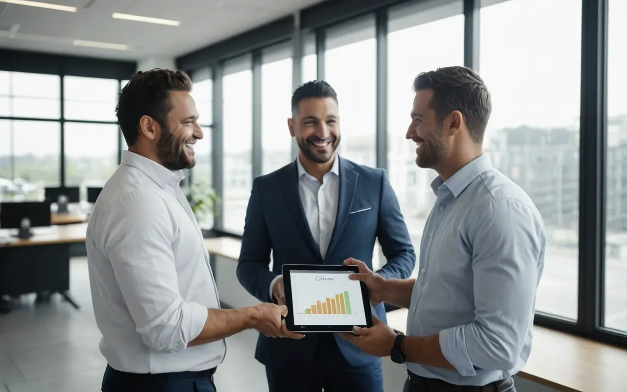 Two business partners shaking hands in a bright modern office with large windows. Both are smiling and holding tablets that display positive growth charts, symbolizing trust and successful collaboration on digital marketing projects.