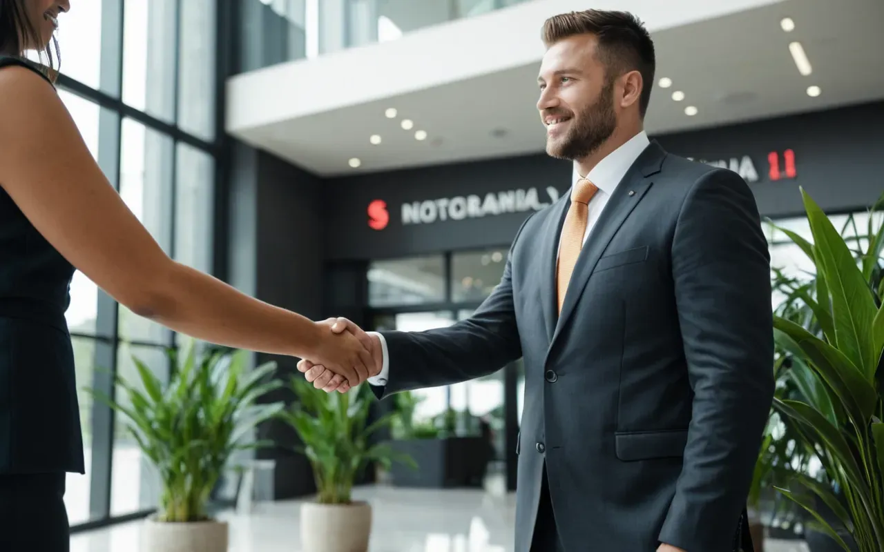 Two people shaking hands in a bright modern lobby with glass walls and green plants in the background, professional business attire