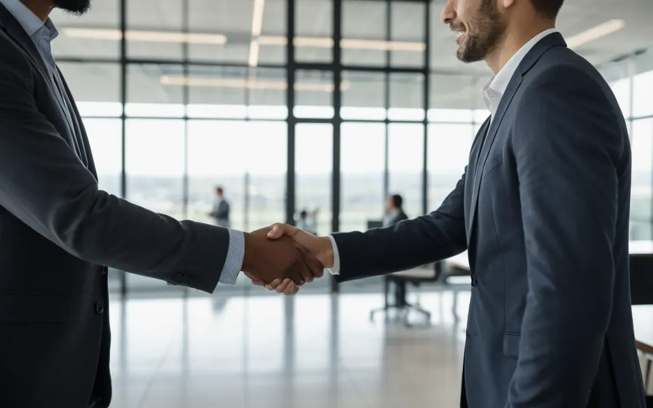 Two professionals shaking hands in a modern glass-walled office space with blurred background, natural daylight streaming through windows, candid photography style capturing the moment of agreement
