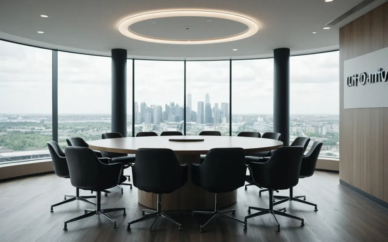 Wide shot of a modern conference room with round table and chairs, large windows showing city view, soft daylight, clean contemporary design, neutral palette