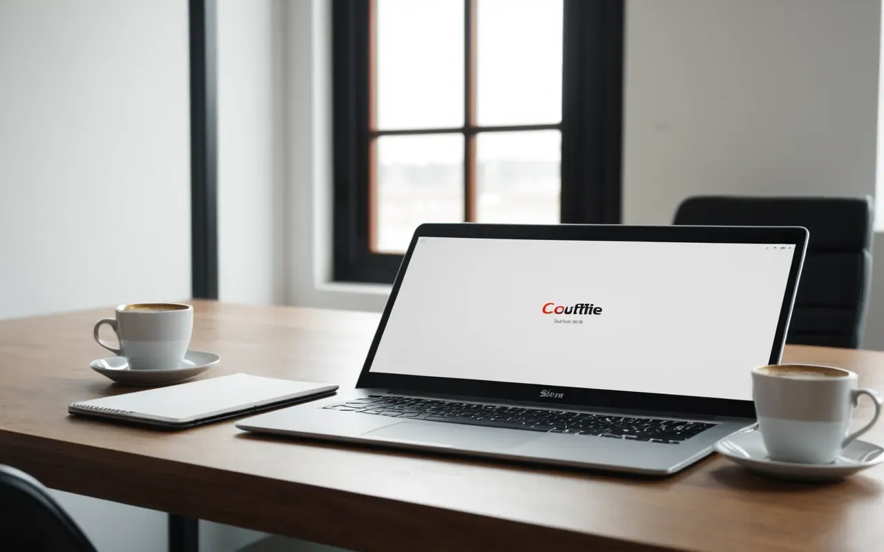 Wide shot of a modern minimalist office desk with a laptop showing blank white screen, notebook, and coffee cup, soft natural daylight from large window, clean editorial photography style