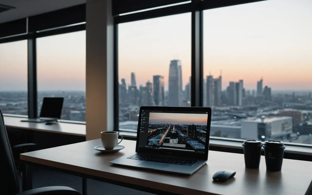 Wide shot of a modern minimalist office interior with large windows overlooking a city skyline at dusk, clean desk setup with a laptop and coffee cup, soft ambient lighting