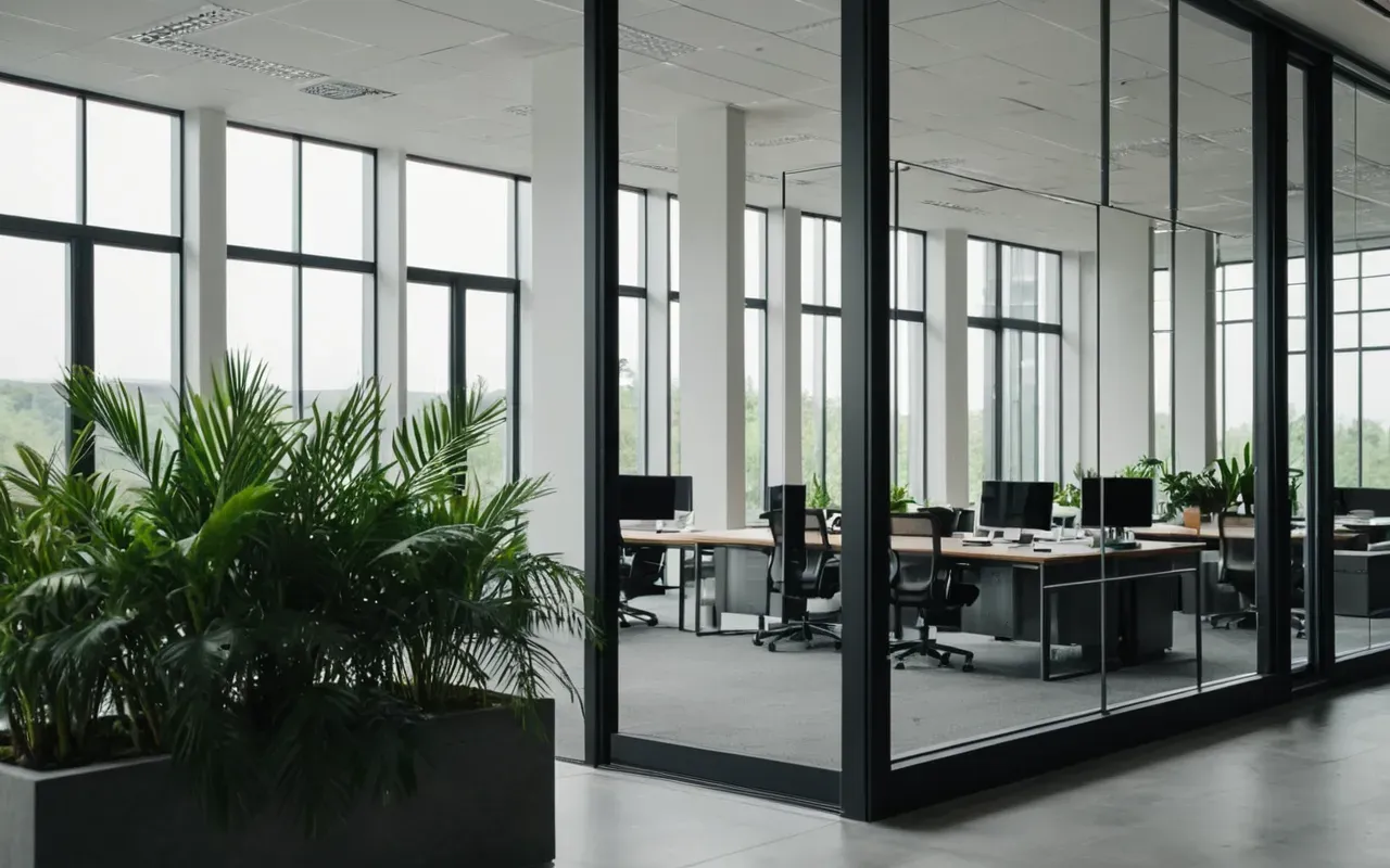 digital presence strategy Wide shot of a modern minimalist office interior with glass walls and green plants near large windows bathed in soft natural daylight