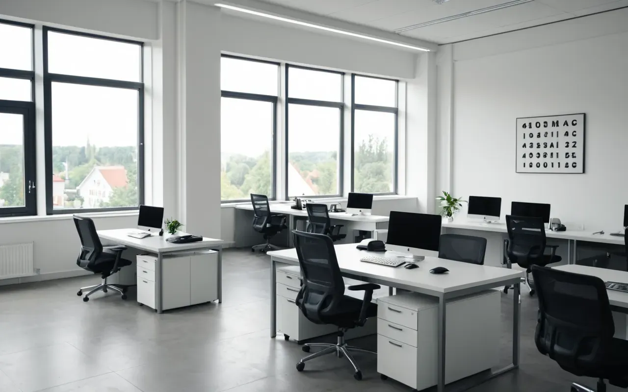 xml sitemap management Wide shot of a modern minimalist office interior with clean white desks and ergonomic chairs under soft natural daylight from large windows