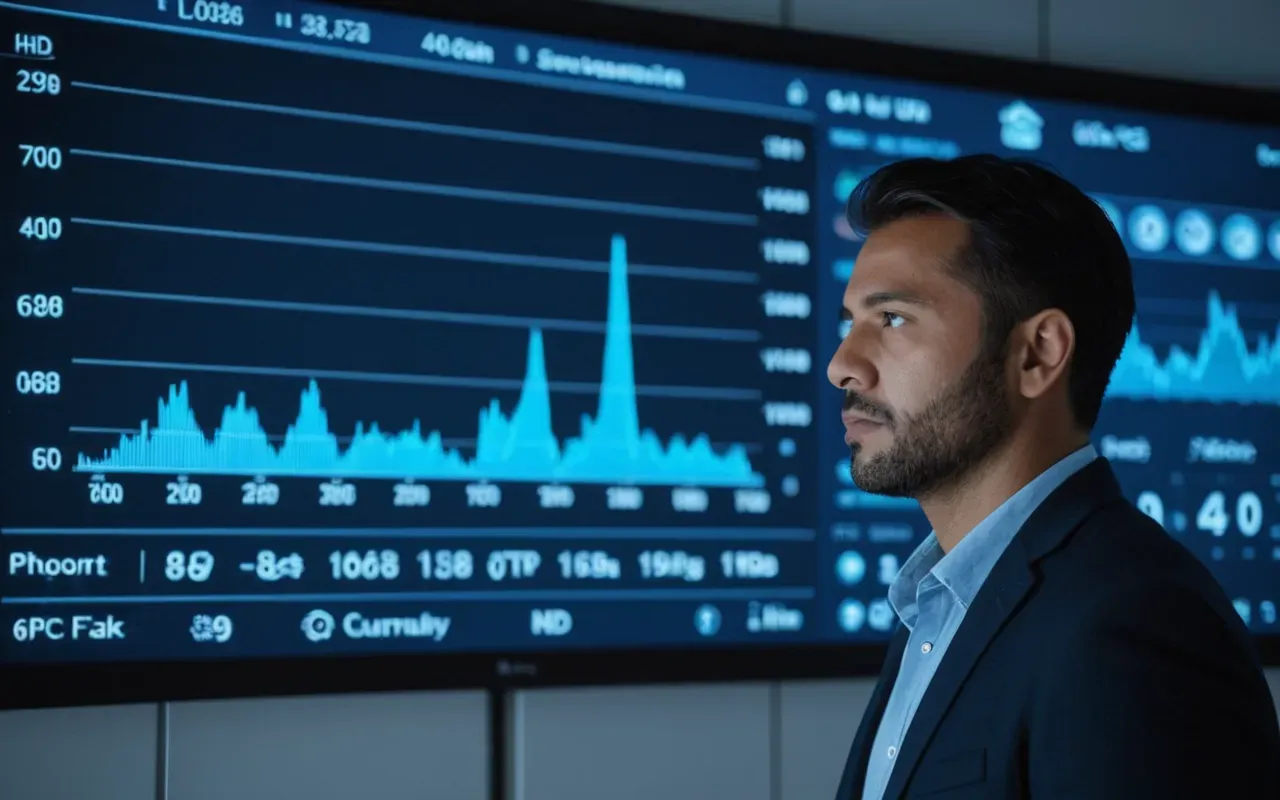 A calm professional standing in front of a large digital dashboard displaying abstract charts and graphs with soft blue ambient lighting reflecting on their face as they analyze the data