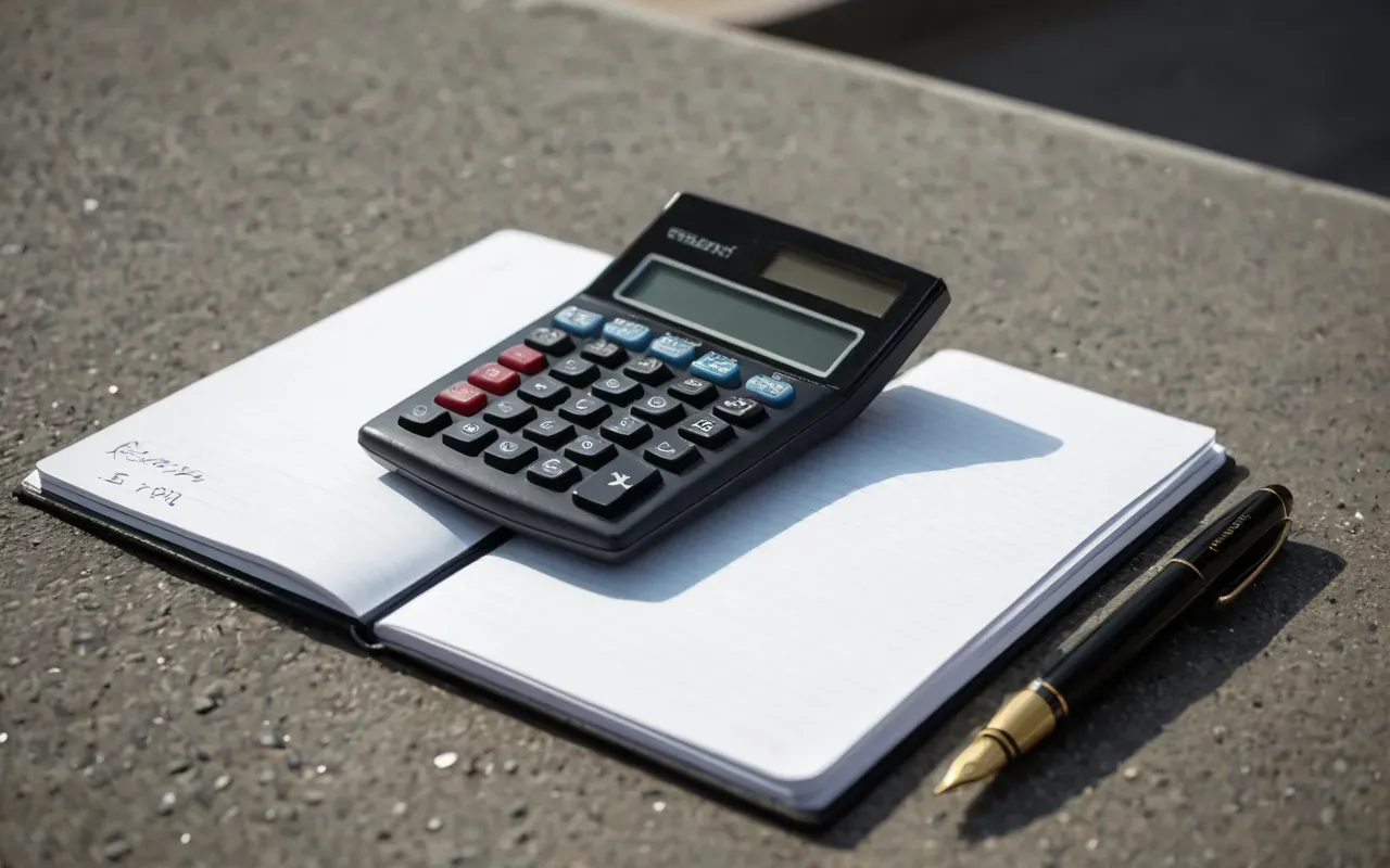 A clean editorial still life of a calculator and a fountain pen resting on a concrete surface next to a notebook with blank pages. The lighting is diffused soft light creating subtle shadows, emphasizing precise calculation and planning.