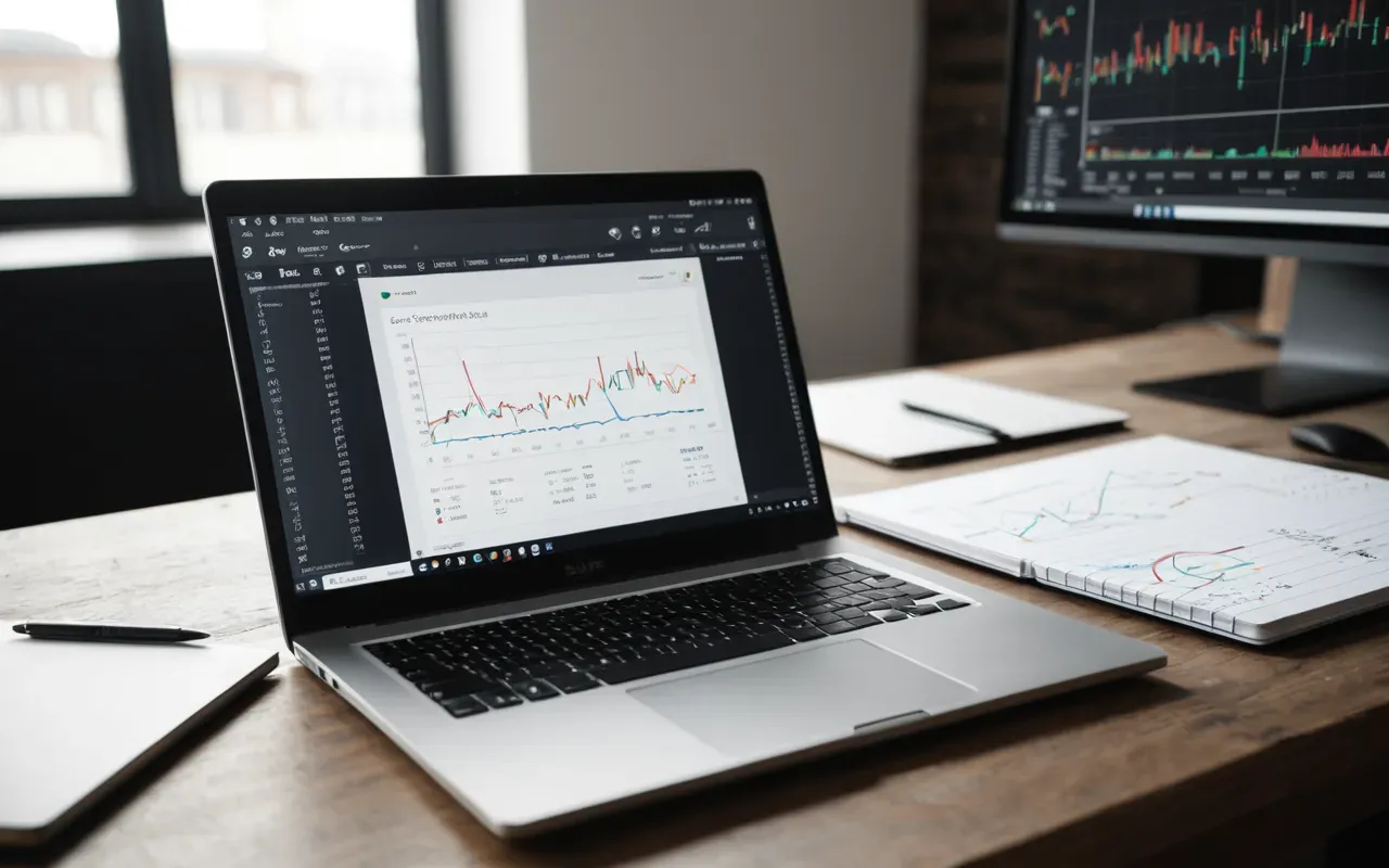 A clean editorial still life of a modern workspace with a laptop displaying abstract charts and a notebook filled with hand-drawn diagrams, soft natural light from the side