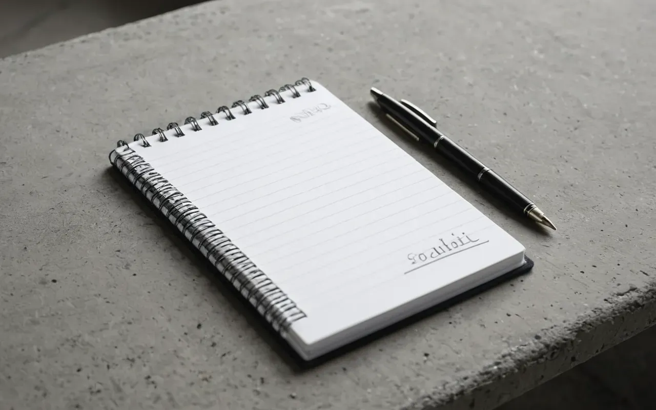 strategic planning workspace setup A clean editorial still life of a notebook and pen on a concrete desk with soft diffused lighting and neutral gray tones.