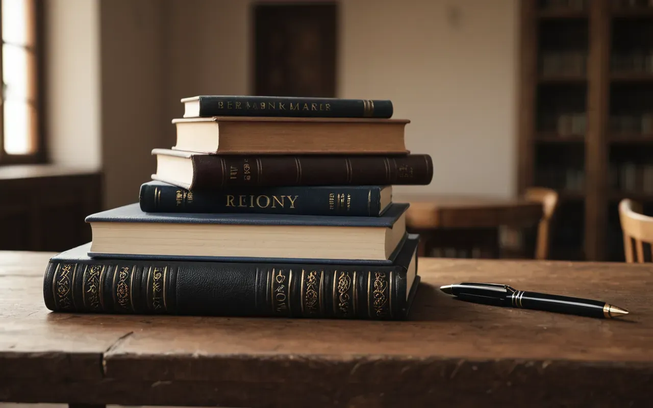 A clean editorial still life of a stack of books and a pen on a wooden table with soft diffused lighting and neutral colors