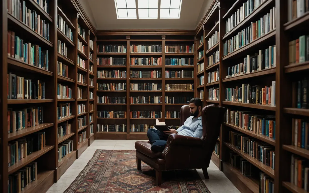 knowledge curation space A clean modern library interior with tall bookshelves filled with colorful books, a person reading in a comfortable armchair, soft ambient lighting creating a calm and focused atmosphere without any visible text on spines.