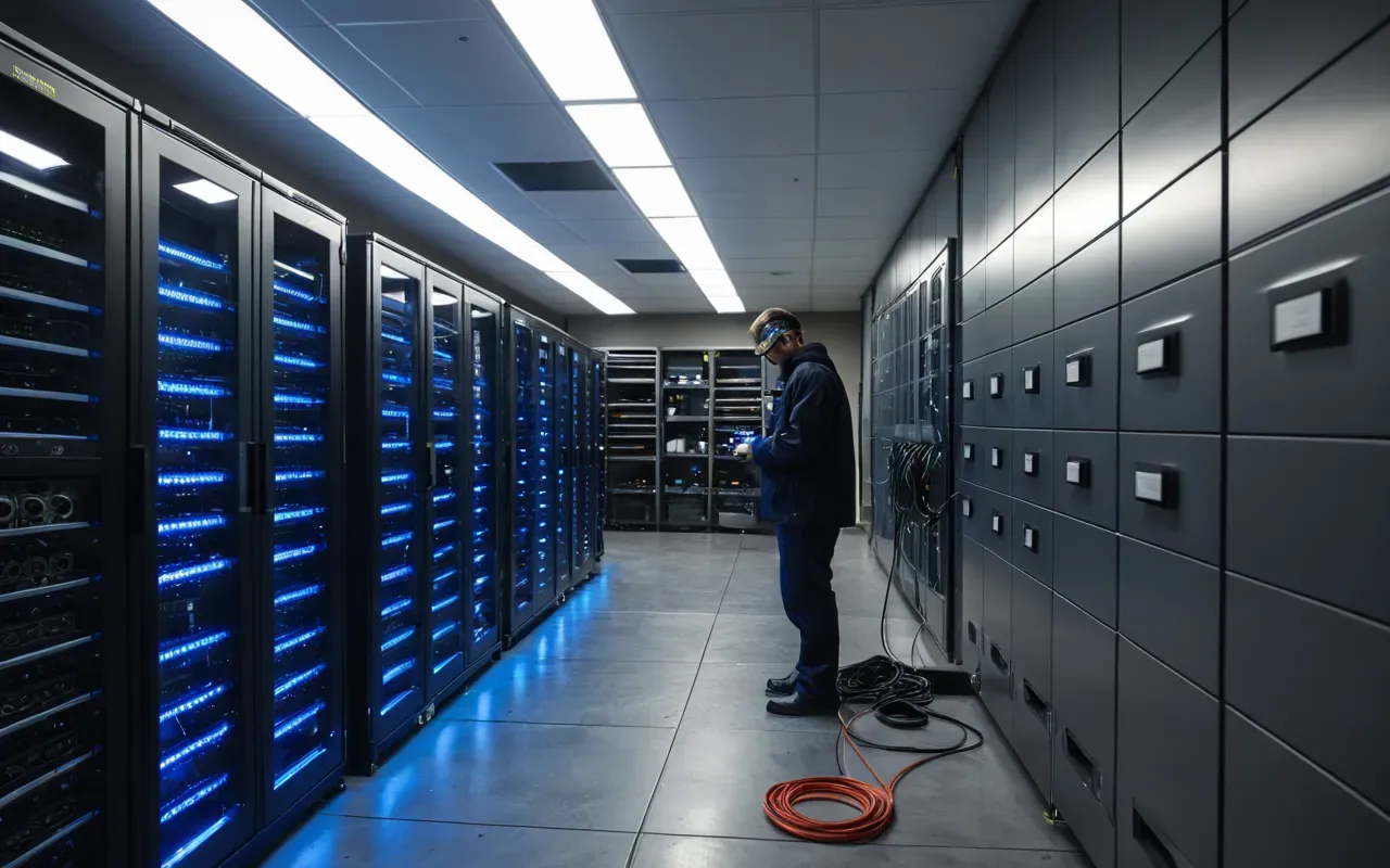 A clean modern server room with blue LED lights reflecting off polished concrete floors and tangled cables being organized by a technician wearing safety glasses