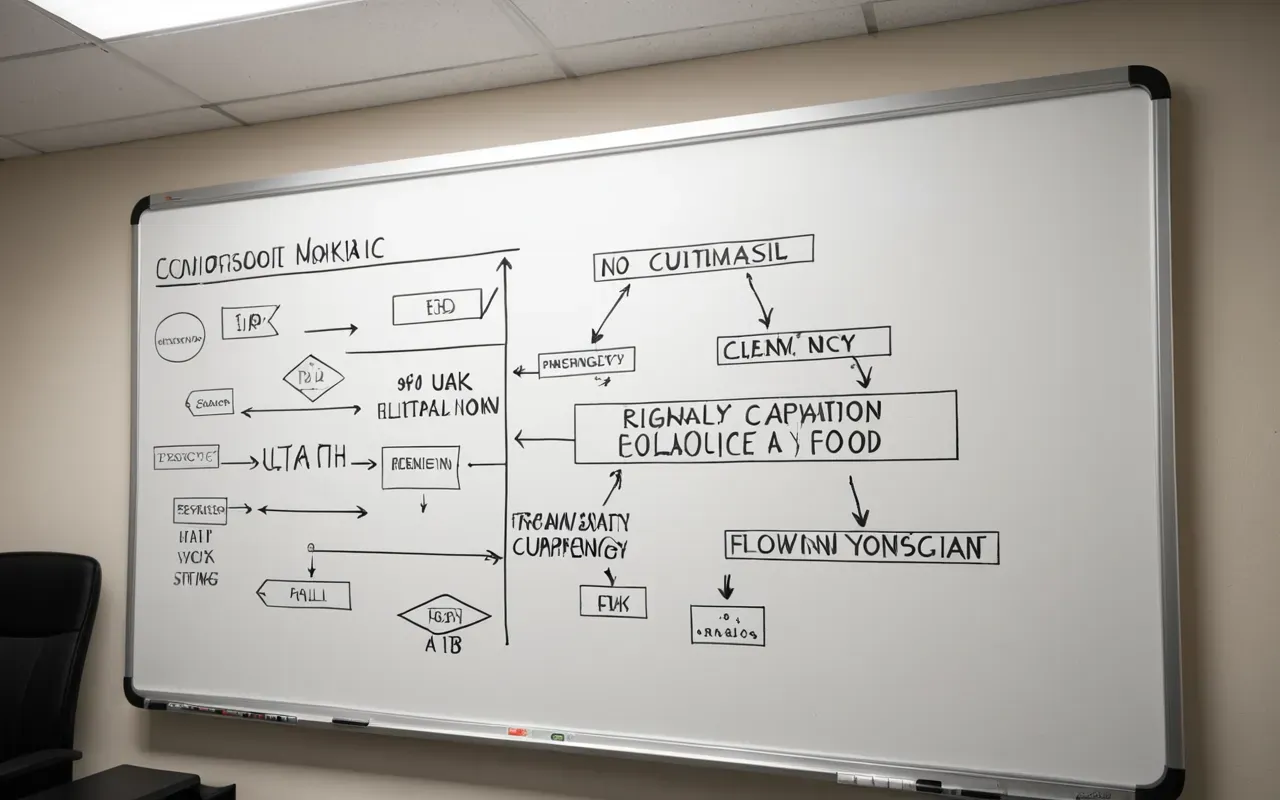 seo strategy planning board A clean whiteboard covered in hand drawn flowcharts and arrows with a marker resting on the edge under bright fluorescent office lighting