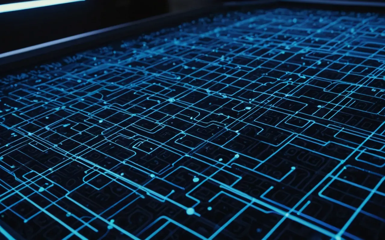 A close-up of a digital screen displaying abstract network nodes and connections. The background is dark with glowing blue and white lines forming complex patterns that suggest data flow and interconnected systems.