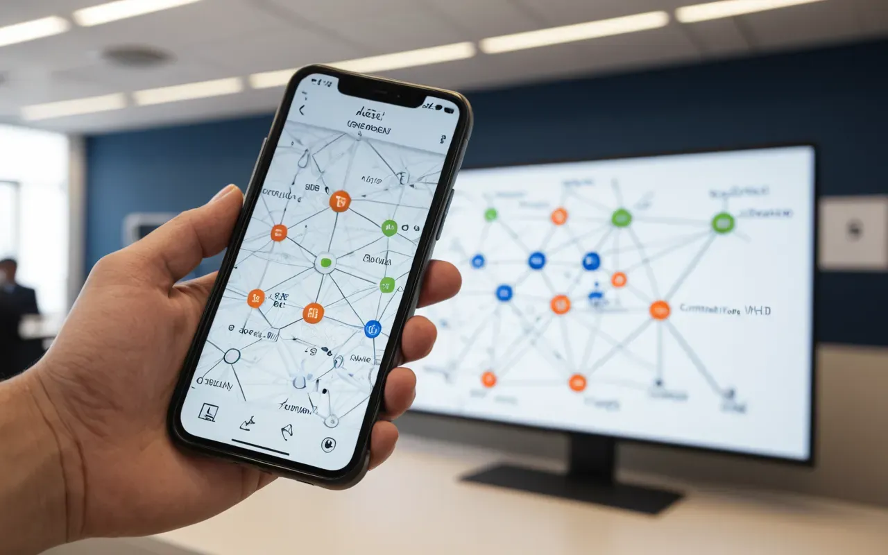 A close-up of a hand holding a smartphone displaying a network diagram with connected nodes, bright office background slightly blurred.