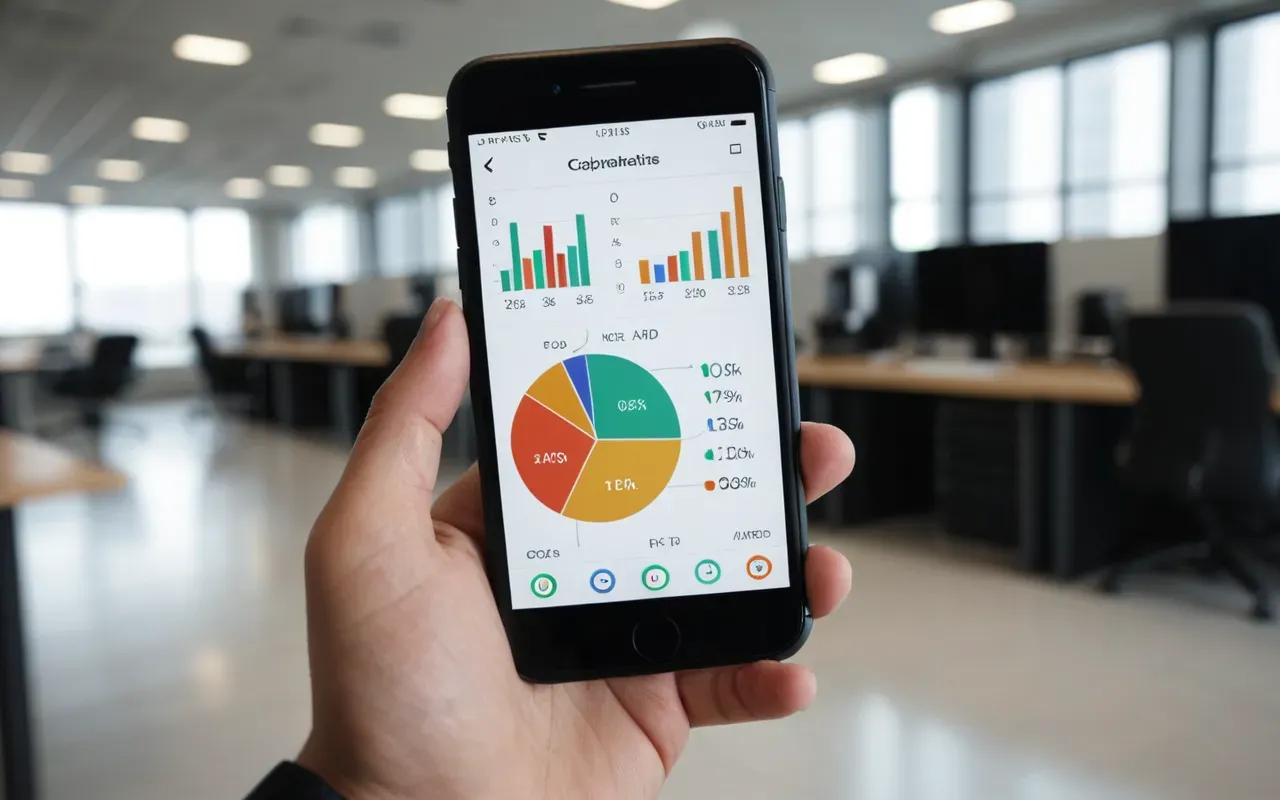 mobile marketing analytics A close-up of a hand holding a smartphone displaying abstract pie charts and line graphs. The background is blurred showing a modern office environment with soft focus lighting.