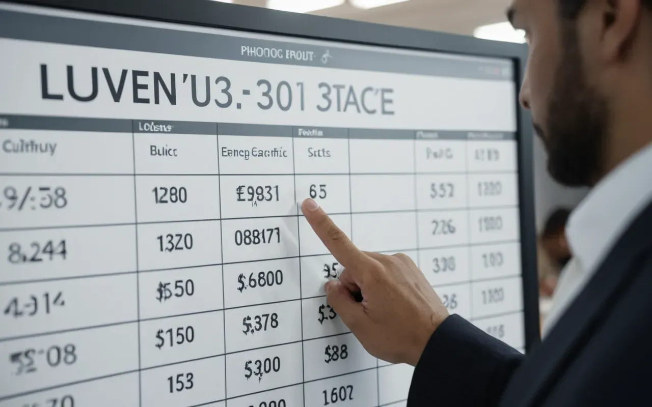 A close up of a hand pointing at specific data points on a printed chart. The background is blurred showing an office environment with soft lighting and modern furniture.
