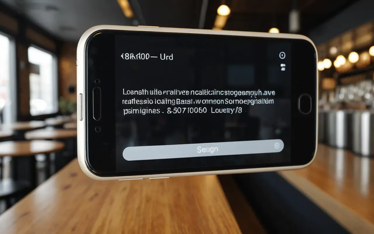 mobile web performance user experience check A close-up of a high-end smartphone displaying a loading bar on the screen in a modern cafe with blurred background.