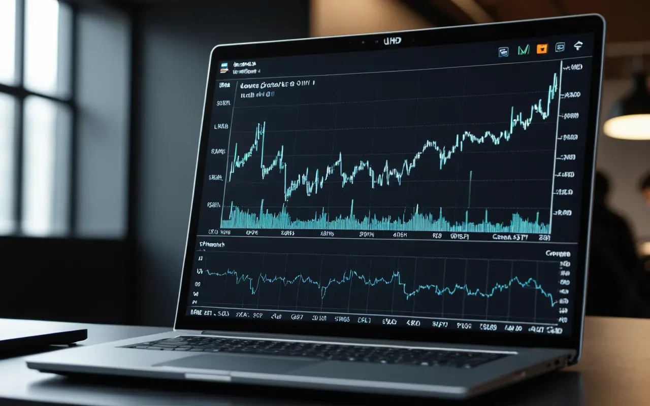 seo analytics dashboard A close up of a laptop screen in a dimly lit modern office showing abstract data visualization charts with floating geometric shapes representing digital metrics and analytics without any readable text or numbers visible on the display surface.
