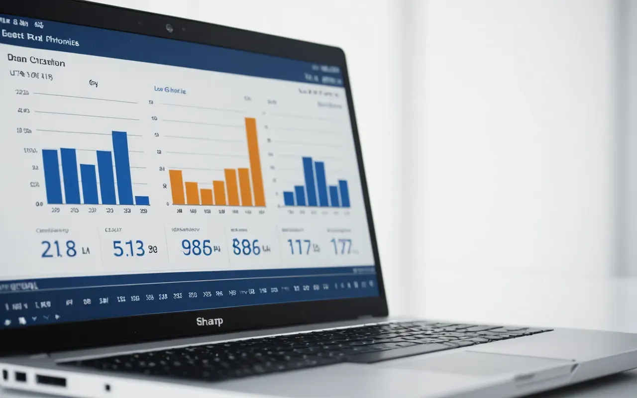 A close-up of a laptop screen showing two side-by-side data tables with rising bar charts in blue and orange tones on a clean white background