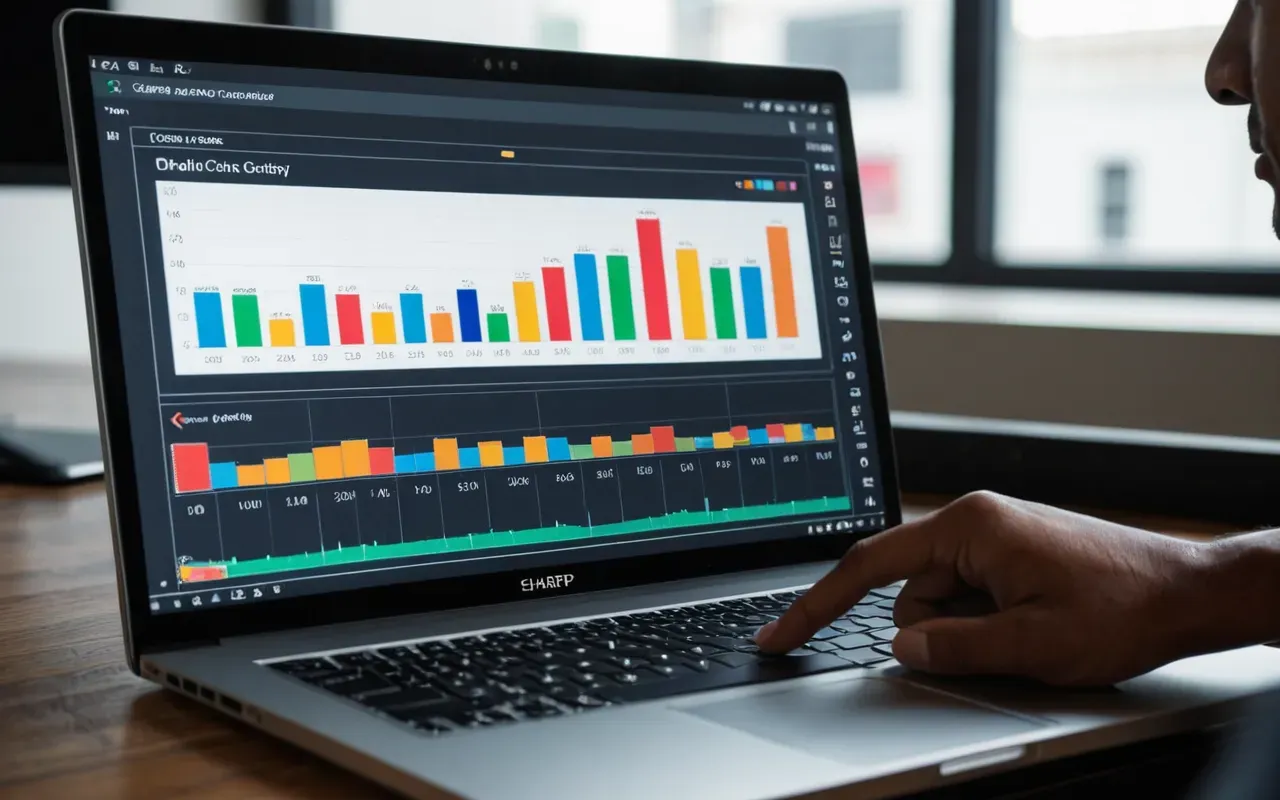 data visualization A close up of a laptop screen showing colorful bar charts and data visualizations with a hand pointing at specific insights in a bright modern workspace setting