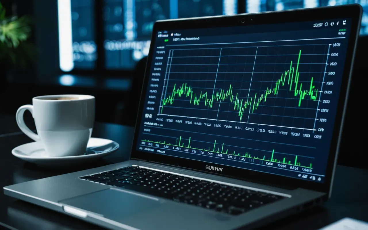 A close up of a laptop screen showing rising green graphs in a dark office with blue ambient lighting and coffee cup nearby