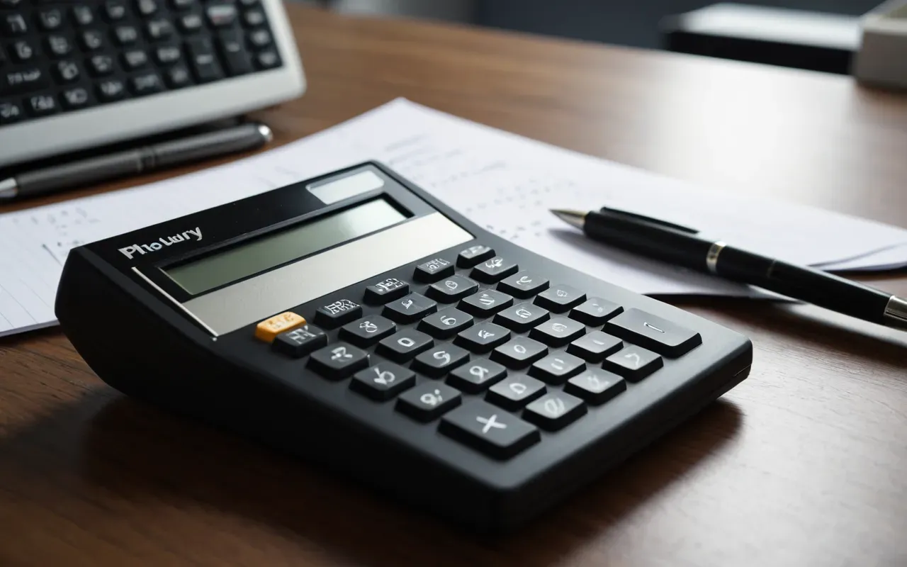 financial planning tools A close-up of a modern calculator and pen on a clean desk surface with soft lighting highlighting the tools used for financial planning in a professional office environment without any text or numbers visible.