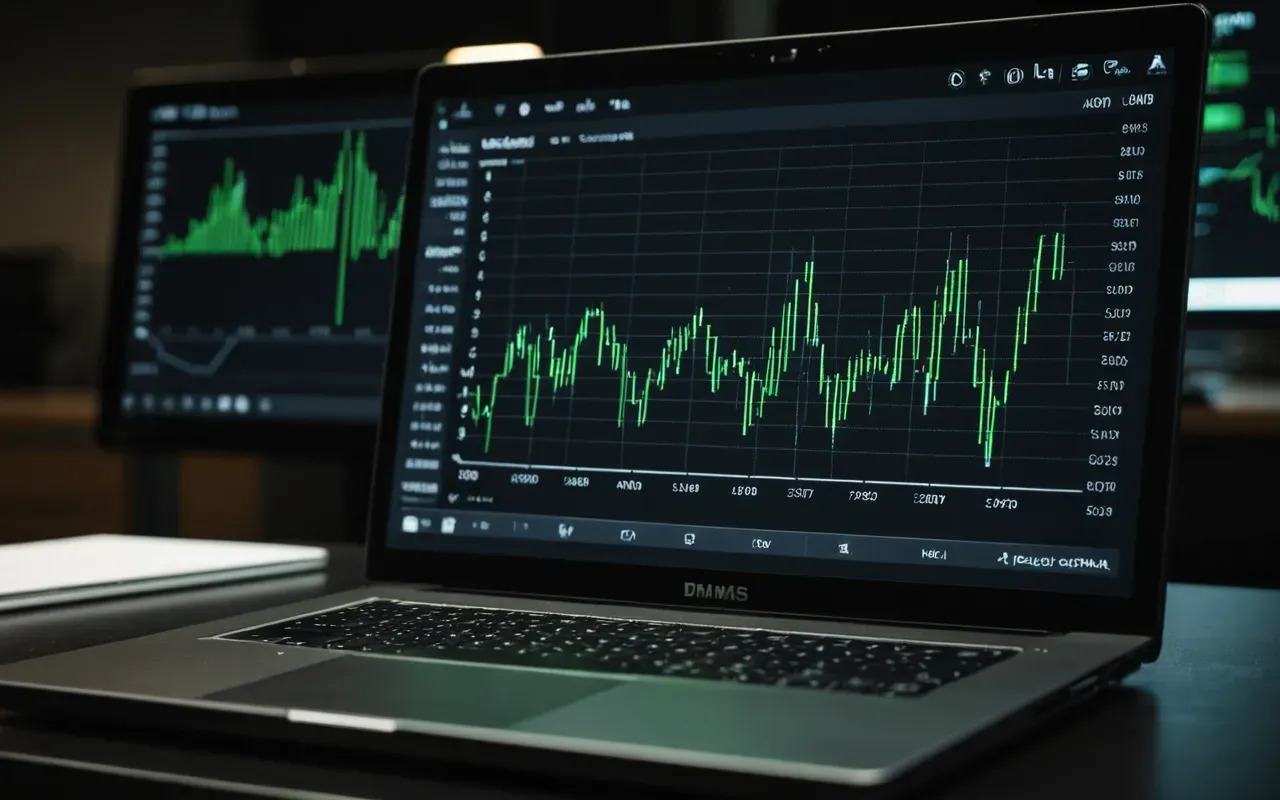 data analytics dashboard A close-up of a modern laptop screen displaying abstract data visualization charts with rising green lines on a dark background in a dimly lit office setting showing focused work environment without any visible text or logos.