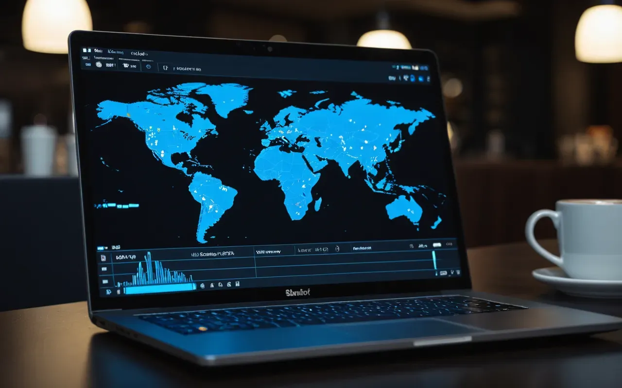 data visualization analysis A close up of a modern laptop screen showing abstract data visualization with glowing blue nodes and connections on a dark background next to a coffee cup.