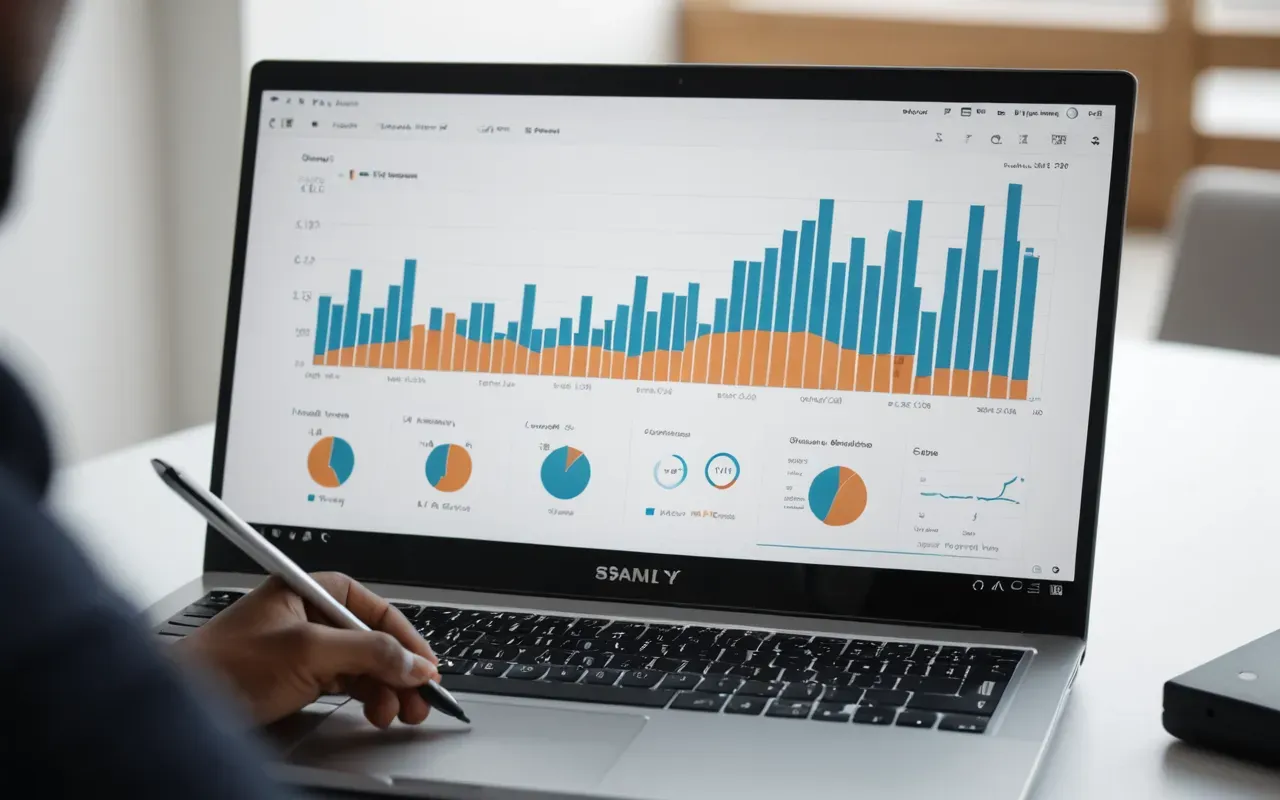 A close-up of a modern laptop screen showing abstract data visualizations and graphs, with a hand holding a stylus pointing at one specific section, clean white background, sharp focus on the interaction